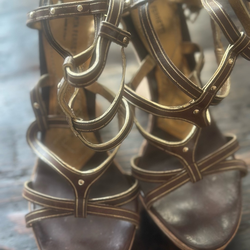 Alberta Ferretti Brown and Gold Strappy Heels